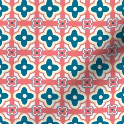 Tablecloth Geometric Floral in Denim Blue and Coral Pink