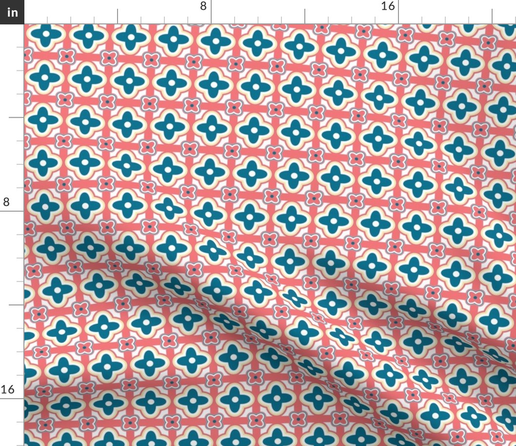 Tablecloth Geometric Floral in Denim Blue and Coral Pink