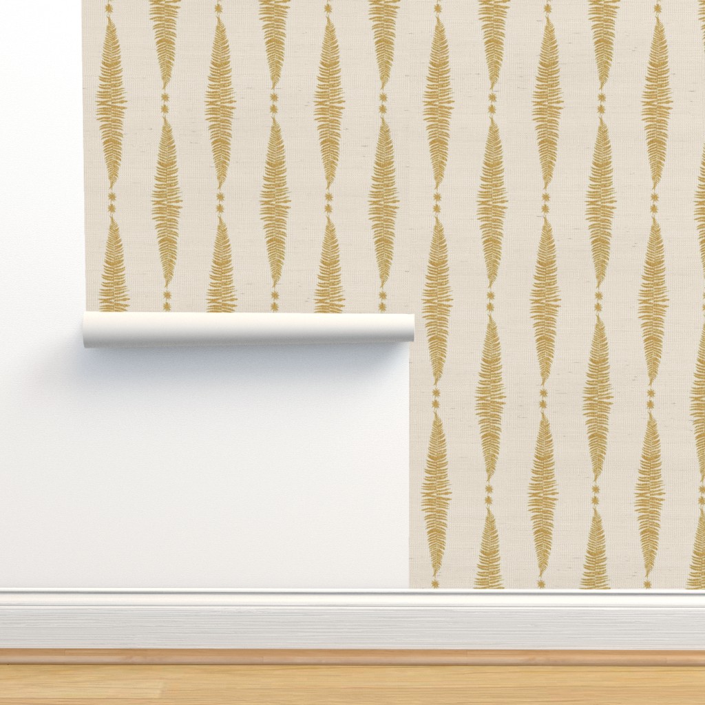Gold fern leaf on cream vertical stripe Wallpaper | Spoonflower