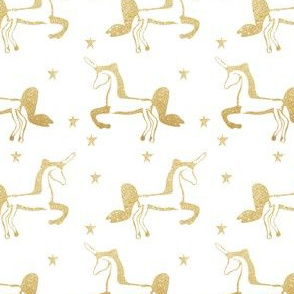 Gold Unicorns and Gold Stars on White Modern Trendy Hipster Kids Baby Fabric