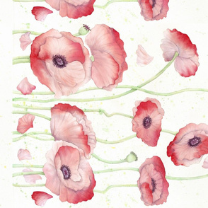 Watercolor Poppy Double Border wide fabric