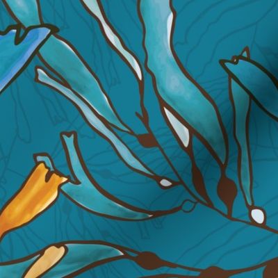 Kelp seaweed blue and yellow watercolor