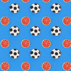 soccer balls and oranges - azure blue background