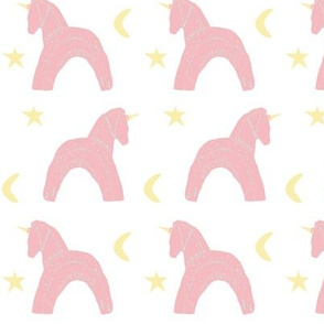 Pink, yellow, turquoise scandanavian block print unicorns with stars and moons