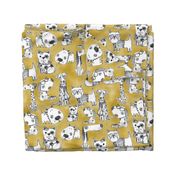 Dog Breeds hand drawn sketch on Mustard yellow Linen texture