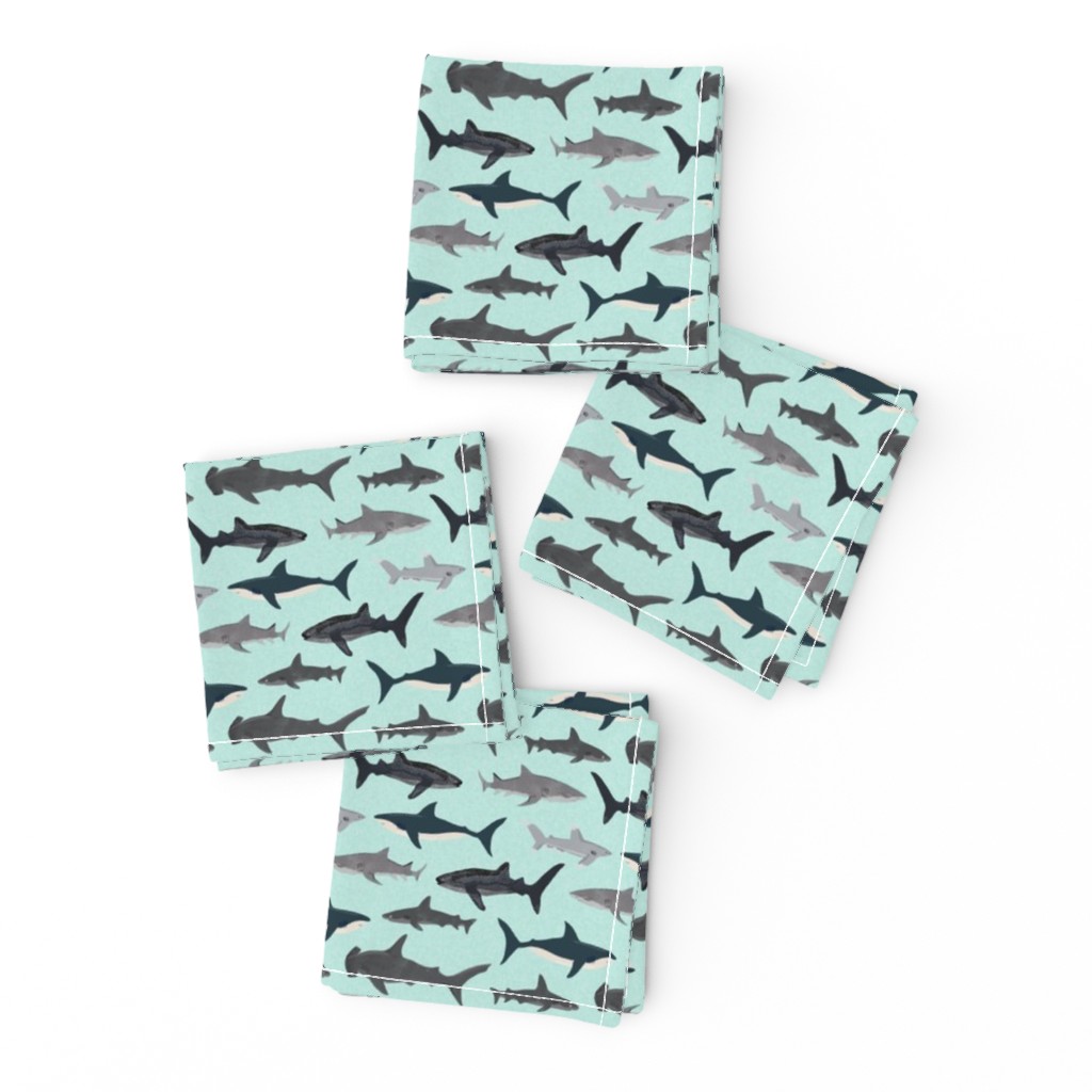 shark fabric // mint shark boys kids ocean animal sea creature hammerhead great white whales 