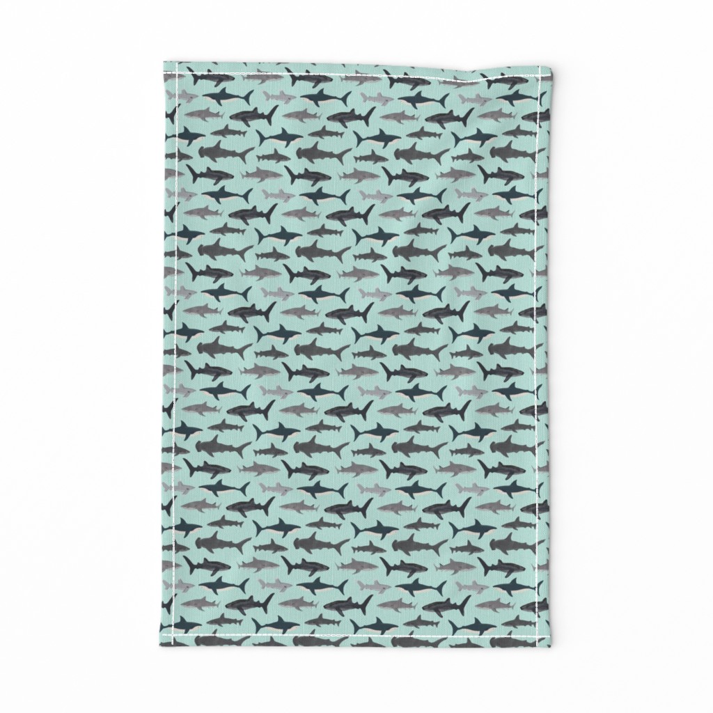 shark fabric // mint shark boys kids ocean animal sea creature hammerhead great white whales 