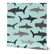 shark fabric // mint shark boys kids ocean animal sea creature hammerhead great white whales 