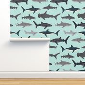 shark fabric // mint shark boys kids ocean animal sea creature hammerhead great white whales 