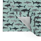 shark fabric // mint shark boys kids ocean animal sea creature hammerhead great white whales 