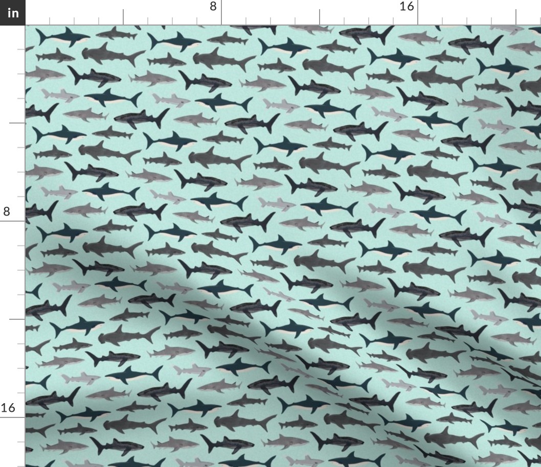 shark fabric // mint shark boys kids ocean animal sea creature hammerhead great white whales 