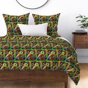Exotic Expressionist  Toucan Painting in Orange - Yellow - Purple - Green -  half brick view with approximately 8 inch  wide fabric motif and 6 inch wide wallpaper motif