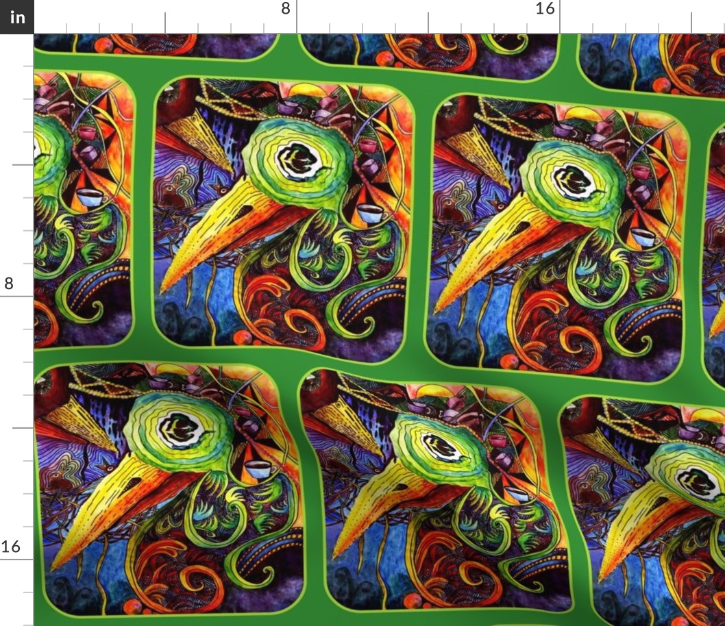 Exotic Expressionist  Toucan Painting in Orange - Yellow - Purple - Green -  half brick view with approximately 8 inch  wide fabric motif and 6 inch wide wallpaper motif