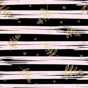 Watercolor pink and black stripes with golden flowers
