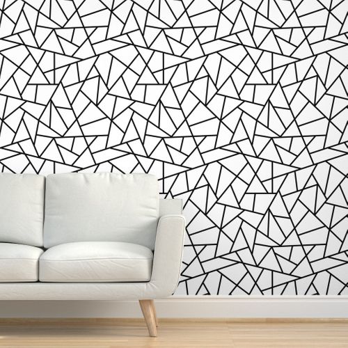 Removable Water-Activated Wallpaper Abstract Black Geometric White And