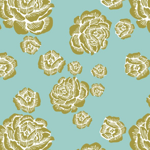 wood cut roses - olive/white/aqua