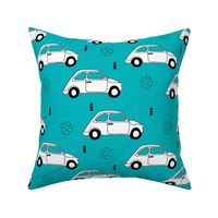 Old vintage oldtimer classic italian car scandinavian kids design black and white blue boys fabric XL