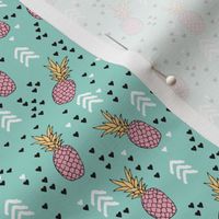 Tropical aqua blue and pink pineapple summer fruit geometric arrow pattern print XS