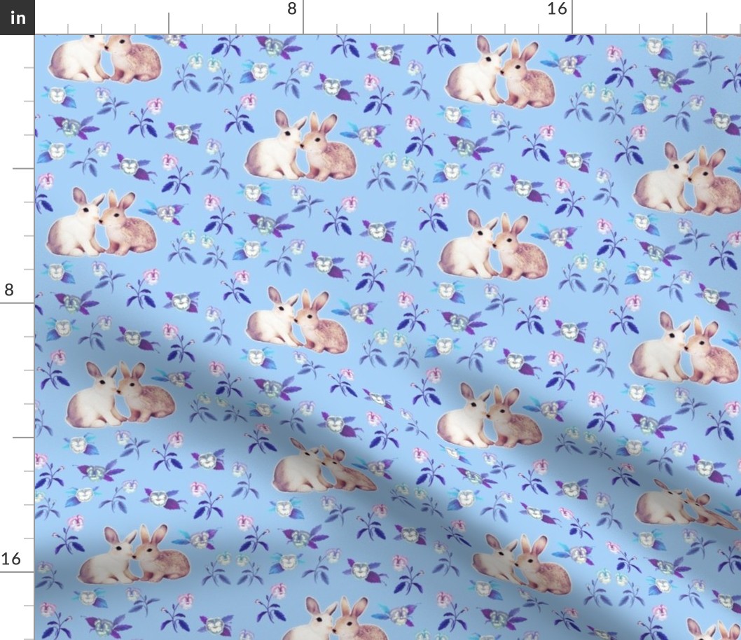 Bunnies in Love Garden, Blue Floral