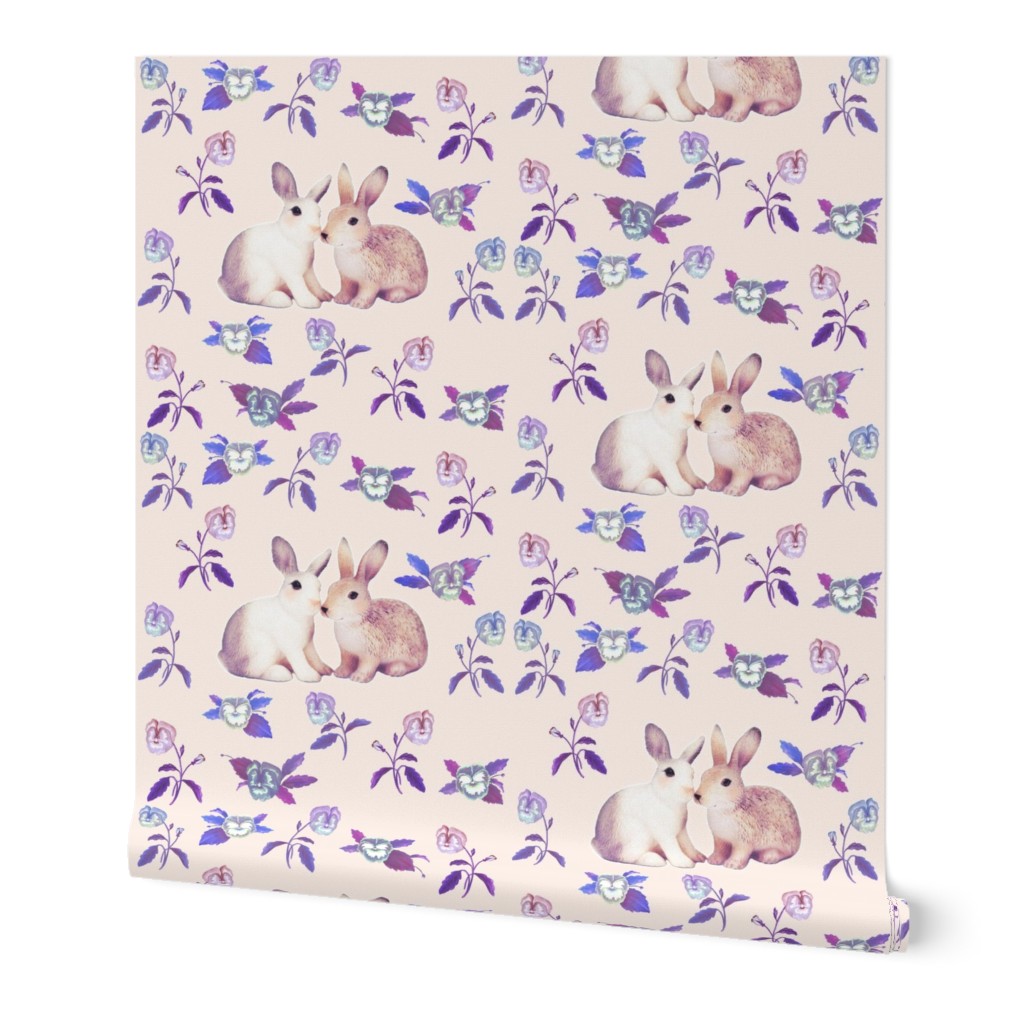 Bunnies in Love Garden, Soft Pink Blue Floral