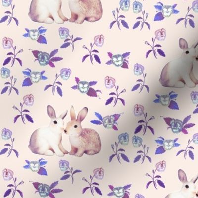 Bunnies in Love Garden, Soft Pink Blue Floral