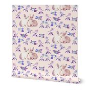 Bunnies in Love Garden, Soft Pink Blue Floral