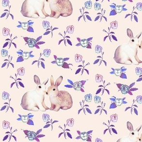 Bunnies in Love Garden, Soft Pink Blue Floral