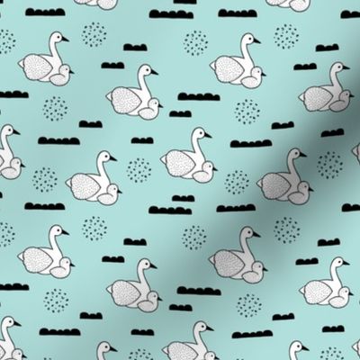 Geometric Scandinavian style spring swan birds mother and baby blue XS