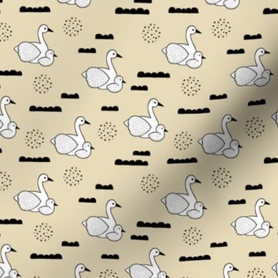 Geometric Scandinavian style spring swan birds mother and baby pastel yellow XS