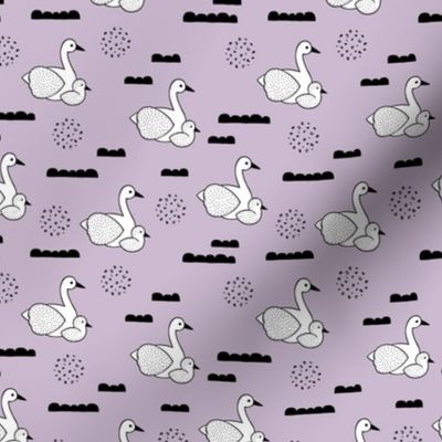 Geometric Scandinavian style spring swan birds mother and baby violet XS