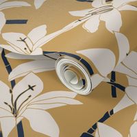 Amaryllis Floral Line Drawing, Beige and Navy on Ochre