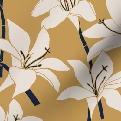 Amaryllis Floral Line Drawing, Beige and Navy on Ochre