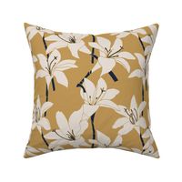 Amaryllis Floral Line Drawing, Beige and Navy on Ochre