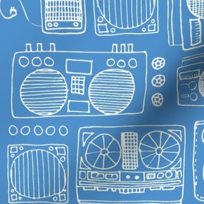 Drawing of Boom Boxes (white on bright blue)