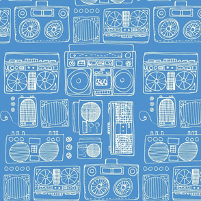 Drawing of Boom Boxes (white on bright blue)