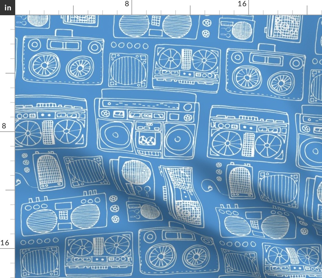 Drawing of Boom Boxes (white on bright blue)