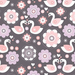 Lucky swan love and spring flower blossom retro pastel scandinavian design lilac pink