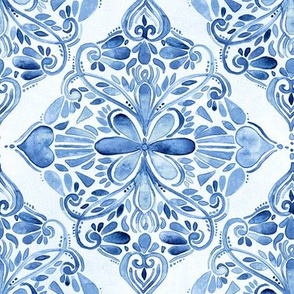 Vintage Blue and White Textured Watercolor Doodle 