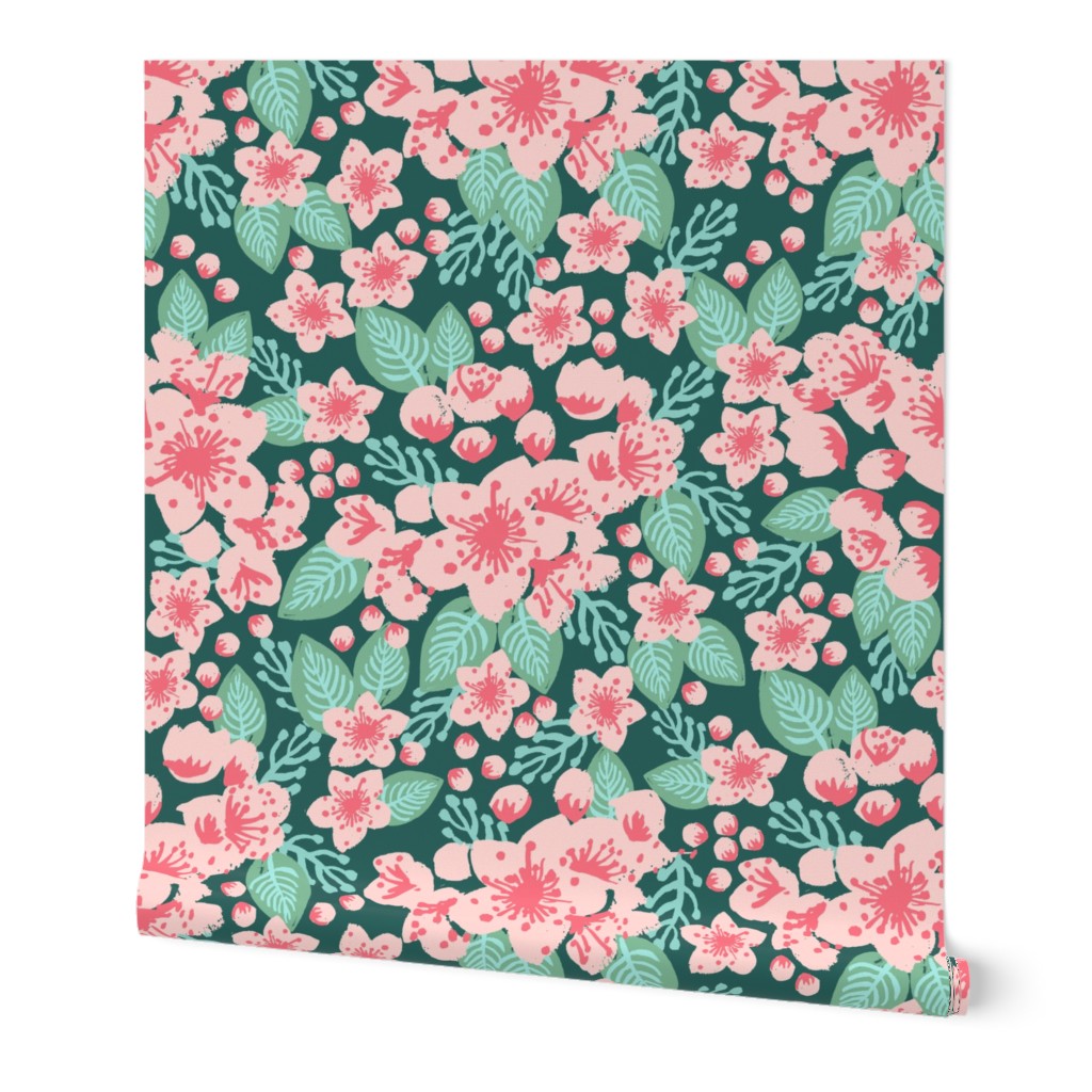 cherry blossom pink painted flowers florals spring pink and green japanese garden 