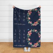 54" X 36" - baby milestone blanket floral wreath baby blanket photo prop flowers navy pink green butterflies 