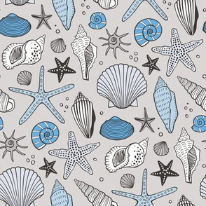 Seashells Nautical Ocean Shells Blue on Grey