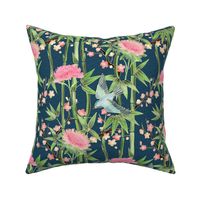 Bamboo, Birds and Blossoms on teal - small
