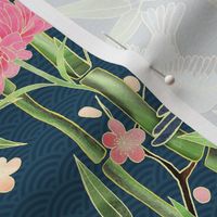 Bamboo, Birds and Blossoms on teal - small