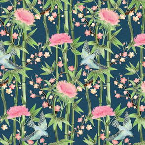 Bamboo, Birds and Blossoms on teal - small