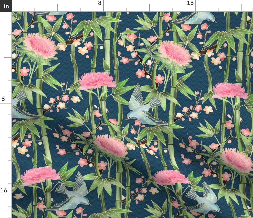 Bamboo, Birds and Blossoms on teal - small