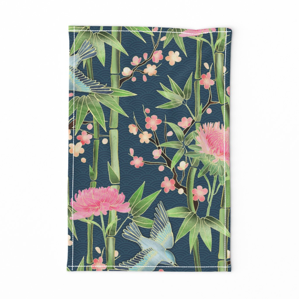 Bamboo, Birds and Blossoms on teal