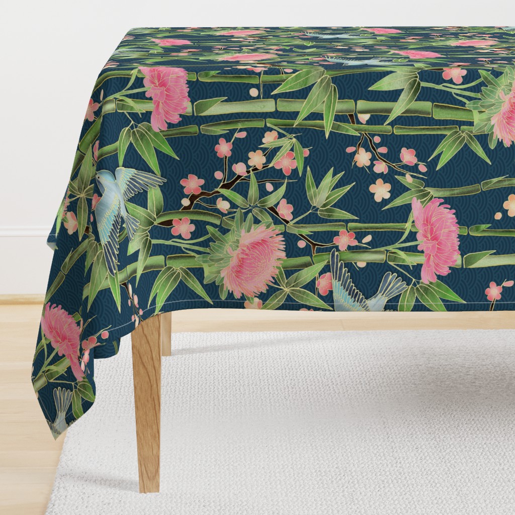 Bamboo, Birds and Blossoms on teal