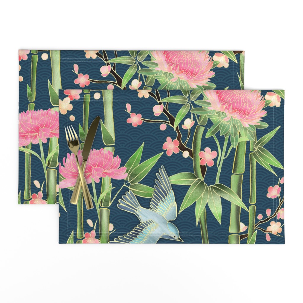 Bamboo, Birds and Blossoms on teal