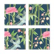 Bamboo, Birds and Blossoms on teal