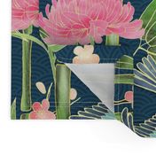 Bamboo, Birds and Blossoms on teal